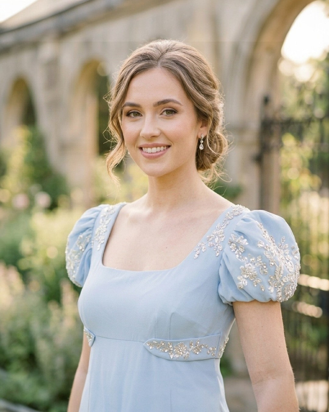 Regency-Inspired Light Blue Empire Waist Maxi Dress