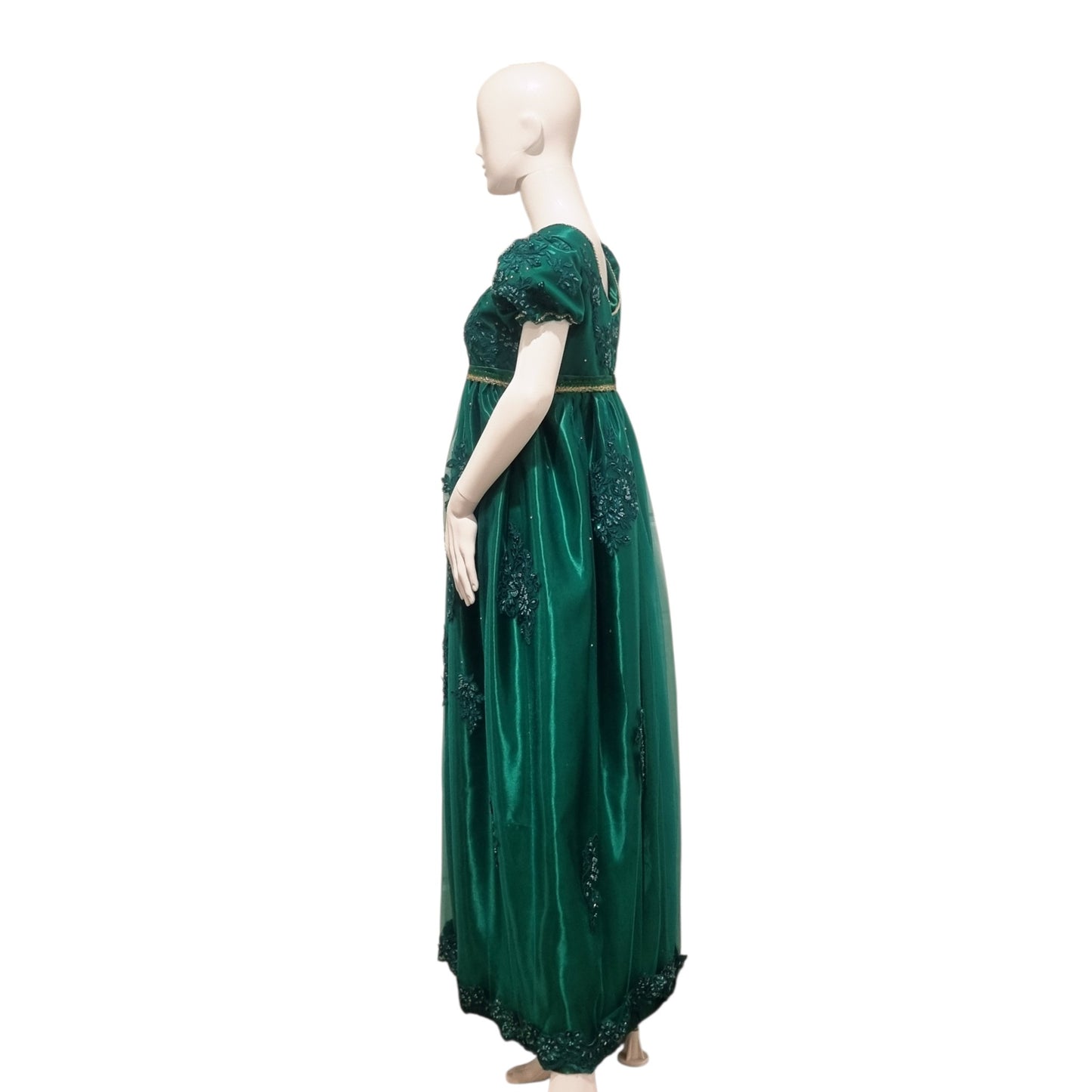 Emerald Green Regency Gown | Empire Waist Embroidered Formal Ball Dress