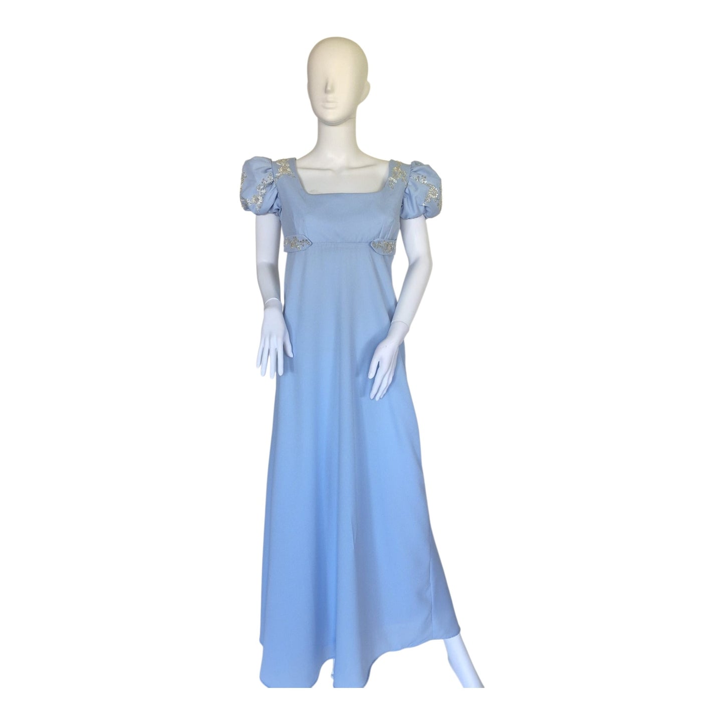 Regency-Inspired Light Blue Empire Waist Maxi Dress | Embroidered Bridesmaid Gown