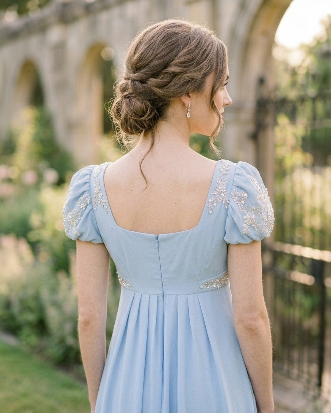 Regency-Inspired Light Blue Empire Waist Maxi Dress | Embroidered Bridesmaid Gown