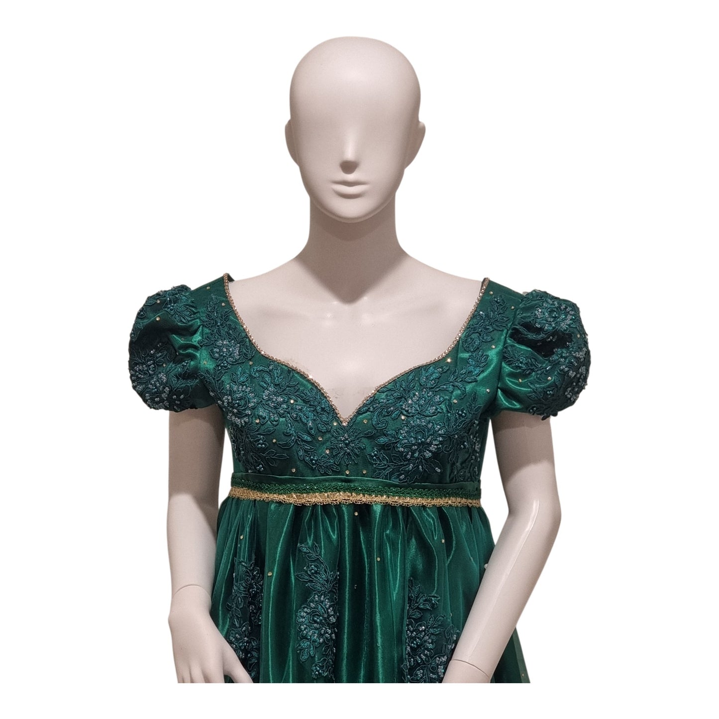 Emerald Green Regency Gown | Empire Waist Embroidered Formal Ball Dress