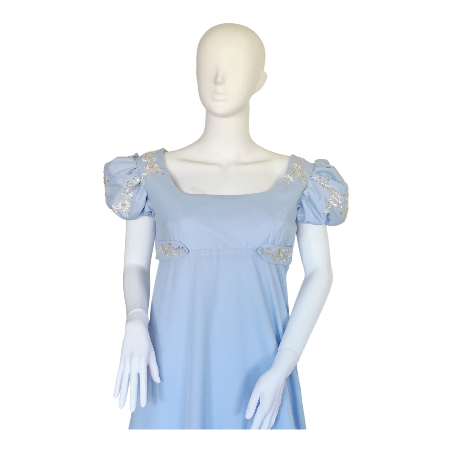 Regency-Inspired Light Blue Empire Waist Maxi Dress | Embroidered Bridesmaid Gown