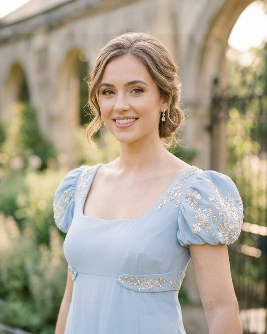 Regency-Inspired Light Blue Empire Waist Maxi Dress | Embroidered Bridesmaid Gown