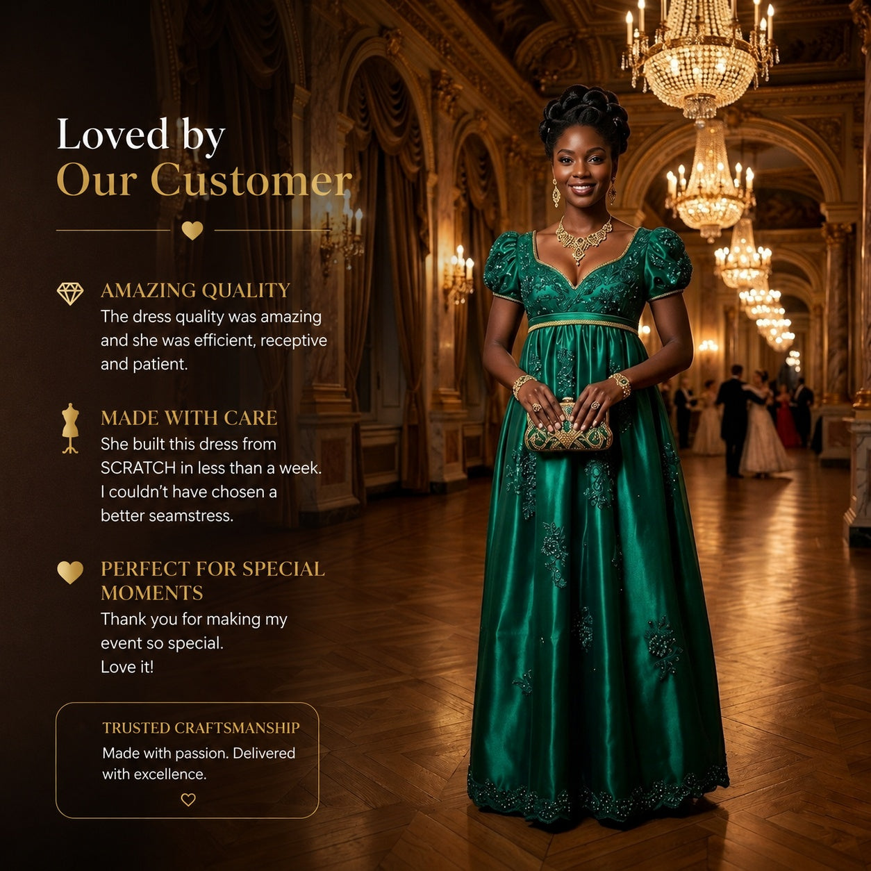 Emerald Green Regency Gown | Empire Waist Embroidered Formal Ball Dress