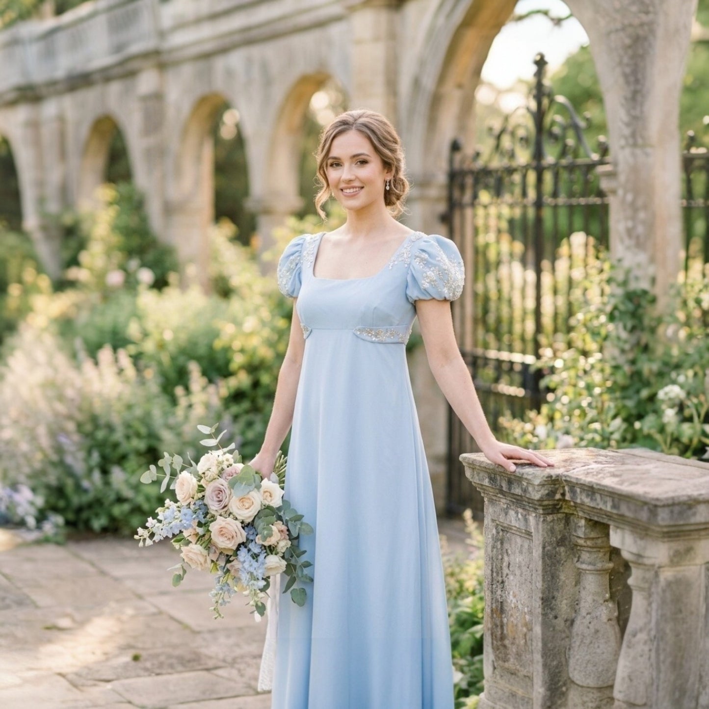 Regency-Inspired Light Blue Empire Waist Maxi Dress | Embroidered Bridesmaid Gown