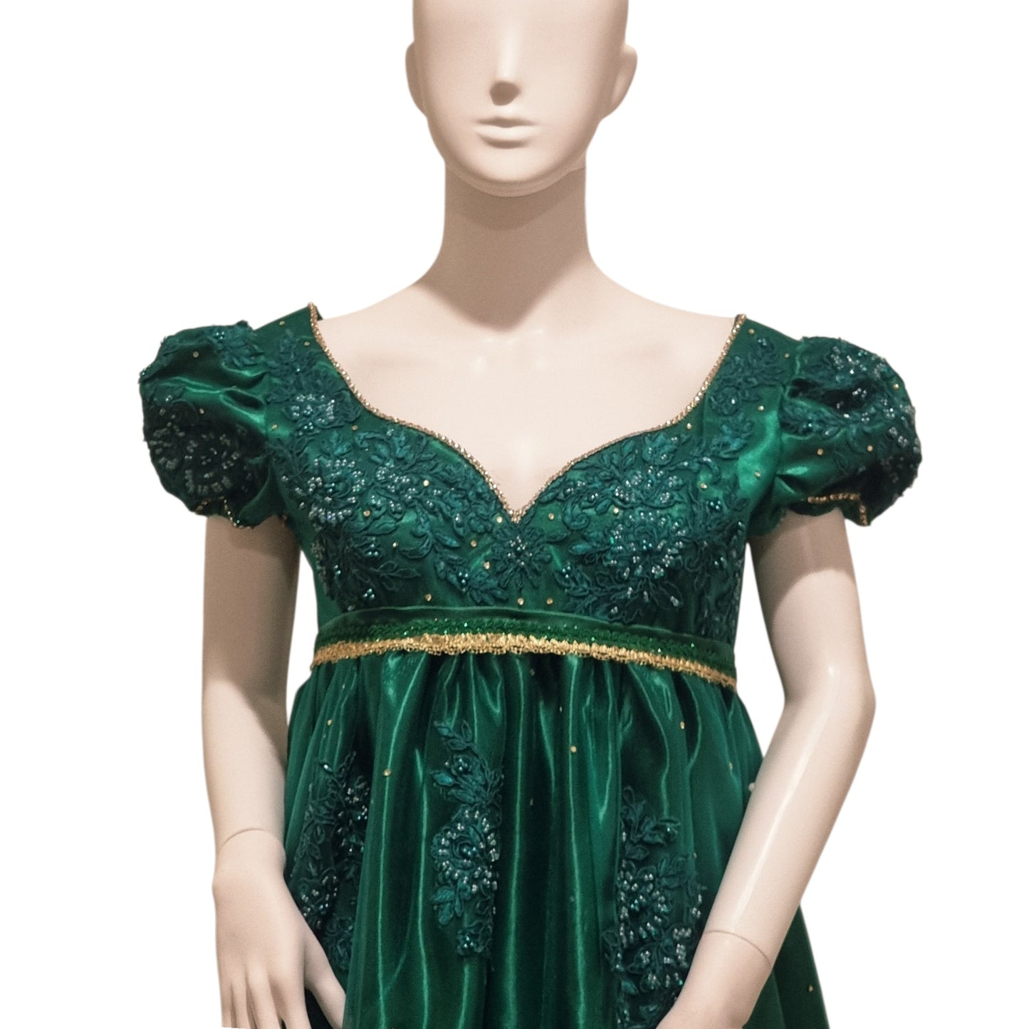 Emerald Green Regency Gown | Empire Waist Embroidered Formal Ball Dress