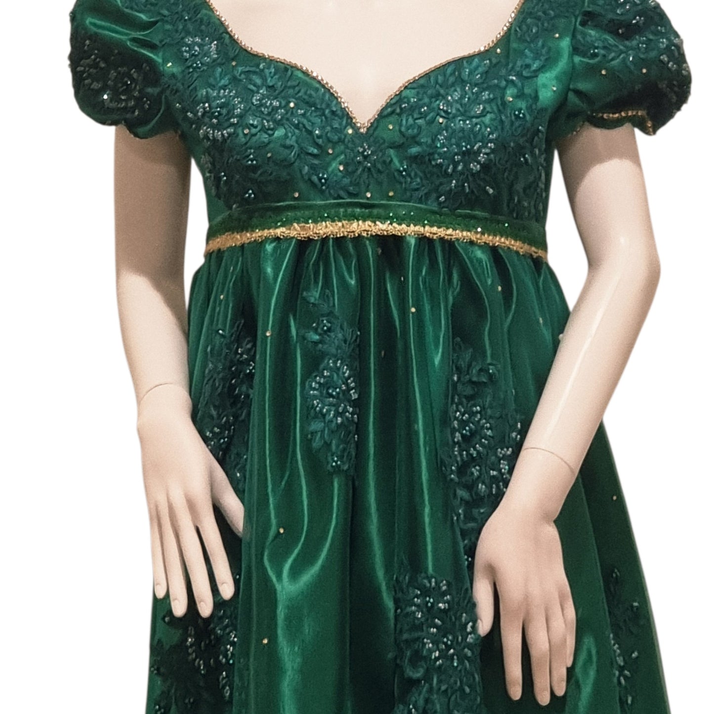 Emerald Green Regency Gown | Empire Waist Embroidered Formal Ball Dress