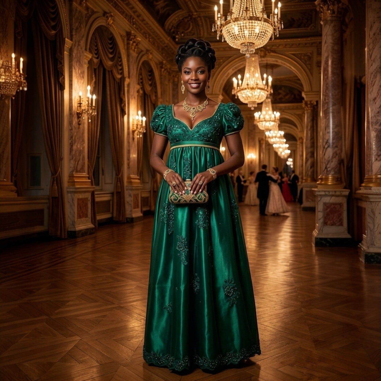 Emerald Green Regency Gown | Empire Waist Embroidered Formal Ball Dress