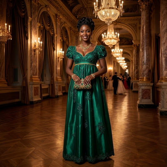Emerald Green Regency Gown | Empire Waist Embroidered Formal Ball Dress