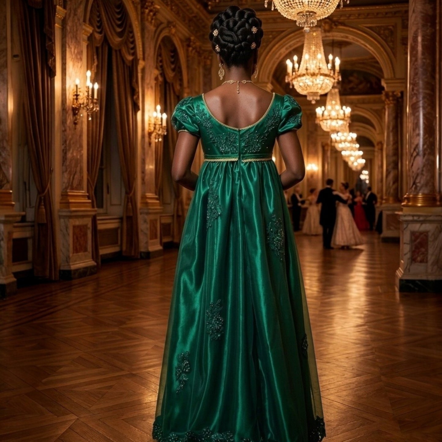 Emerald Green Regency Gown | Empire Waist Embroidered Formal Ball Dress