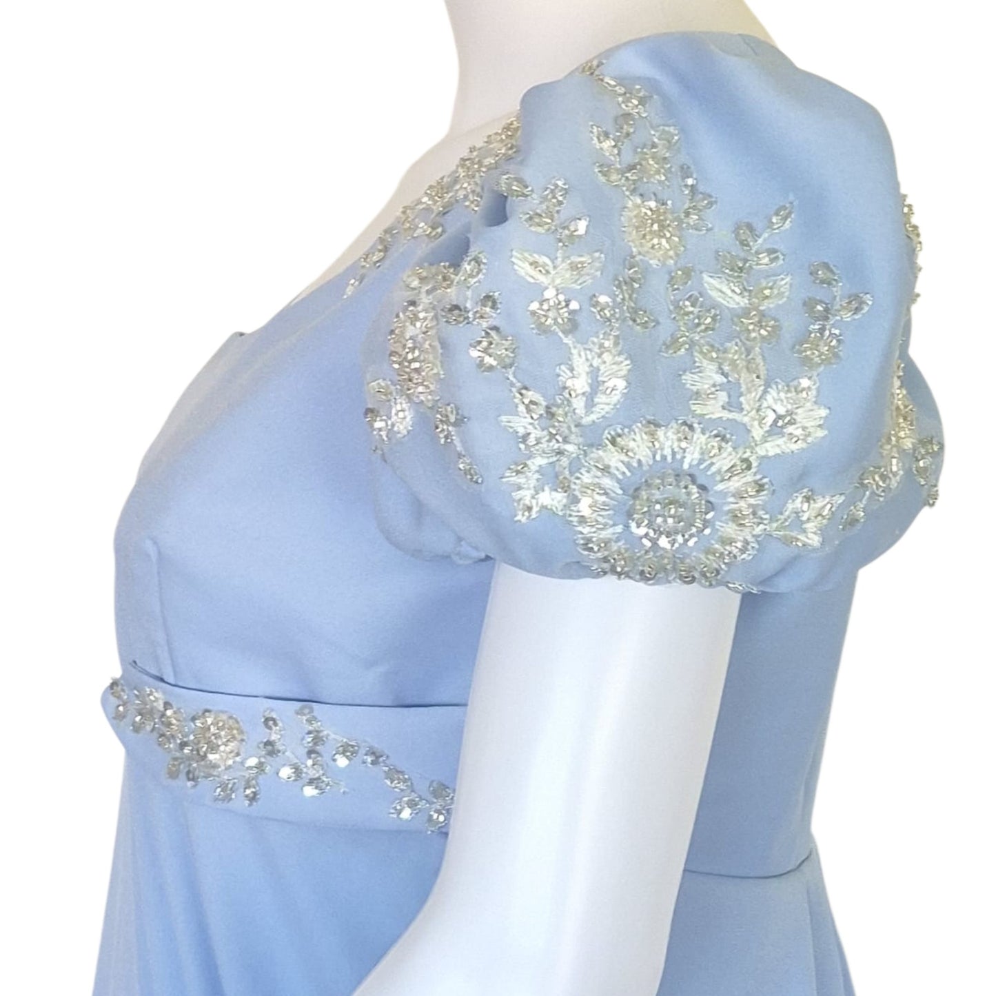 Regency-Inspired Light Blue Empire Waist Maxi Dress | Embroidered Bridesmaid Gown