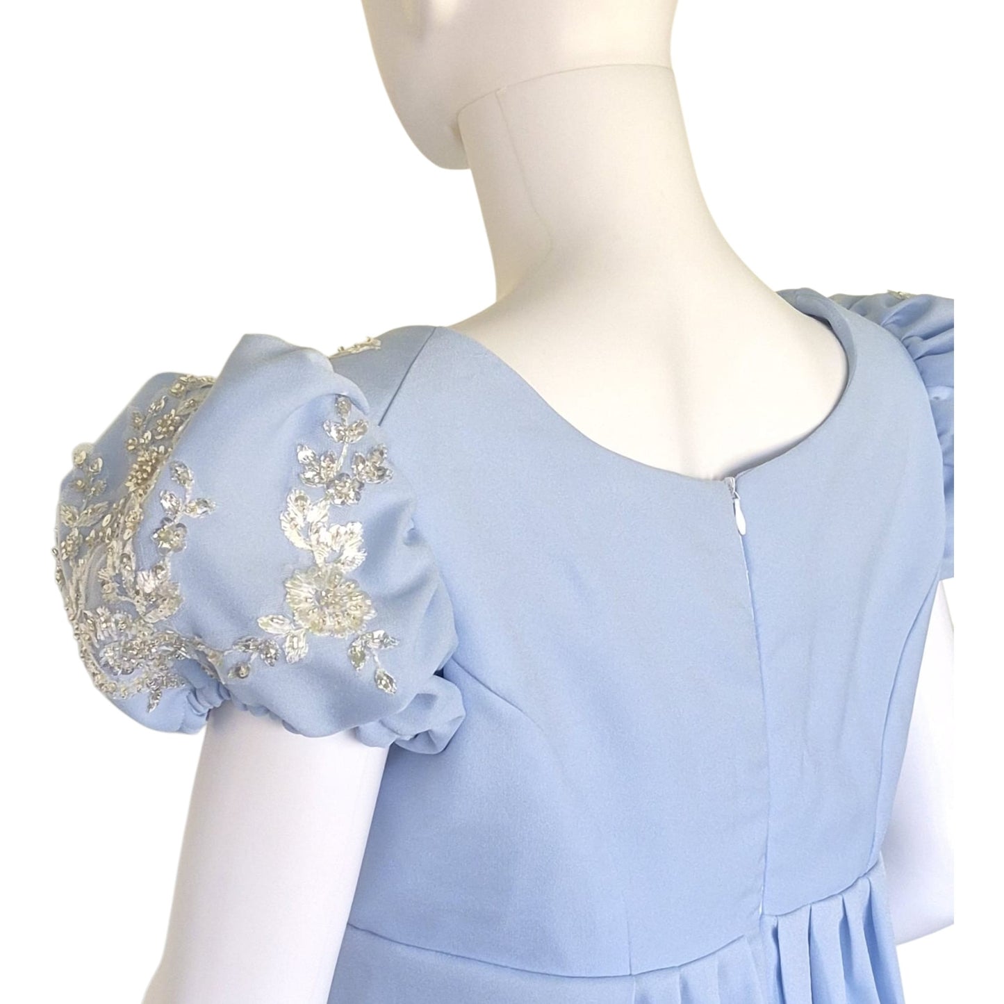 Regency-Inspired Light Blue Empire Waist Maxi Dress | Embroidered Bridesmaid Gown
