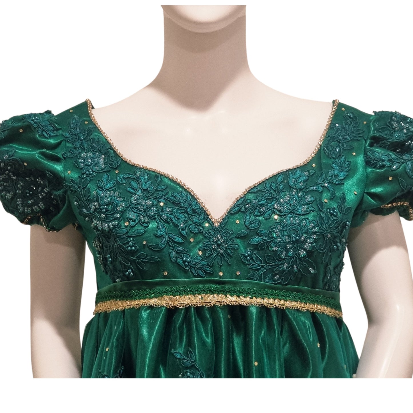 Emerald Green Regency Gown | Empire Waist Embroidered Formal Ball Dress