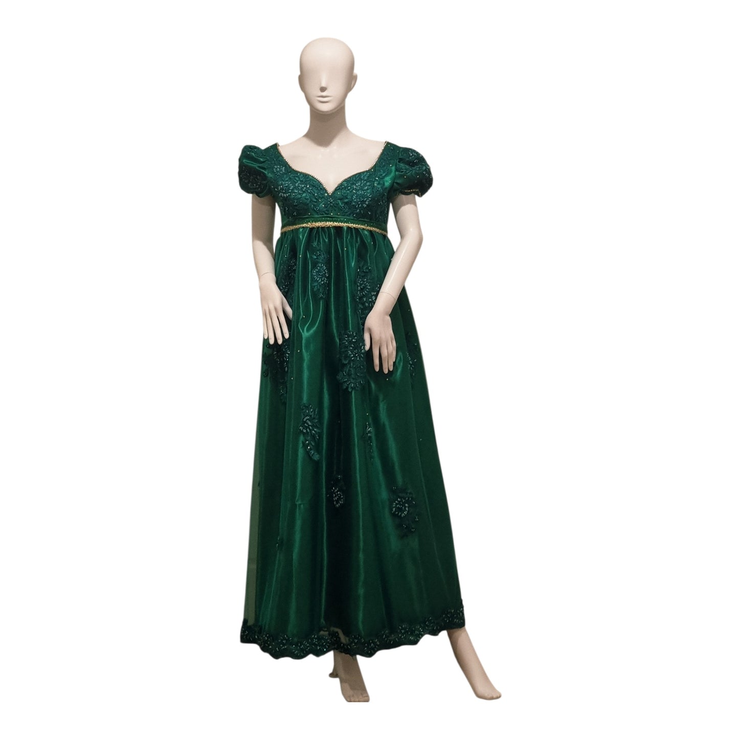 Emerald Green Regency Gown | Empire Waist Embroidered Formal Ball Dress